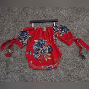 Floral Red Women's Over The Shoulder Top